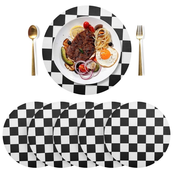 Qxltty 15inch Round Placemats Set of 6 Polyester Fabric Heat Resistant Washable Table Mat for Kitchen Party Decor Black and White Checkered