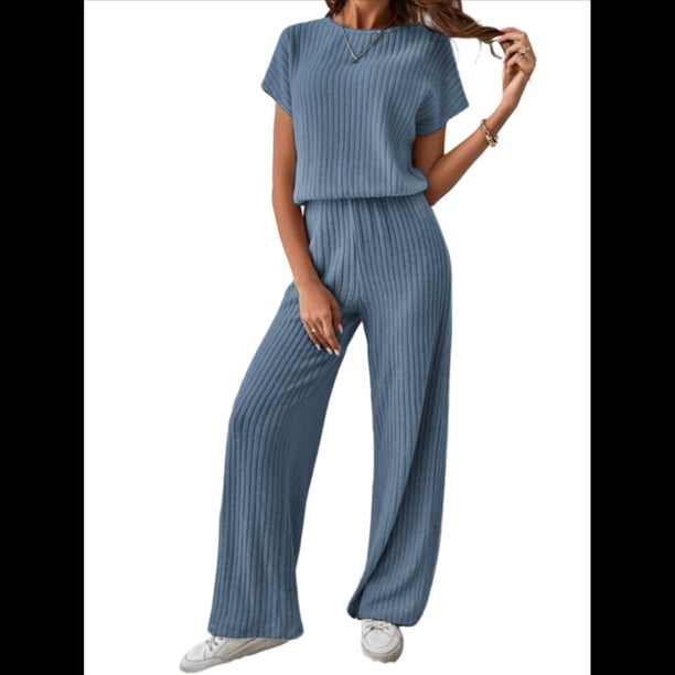 Traje Informal de Dos Piezas para Mujer, para Viajes y Vacaciones de Verano, con Corta y Pantalones Anchos. Azul Oscuro L