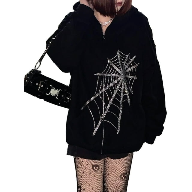 Opperiaya Rhinestone Spider Web Pattern Long Sleeve Zipper Hooded Sweater