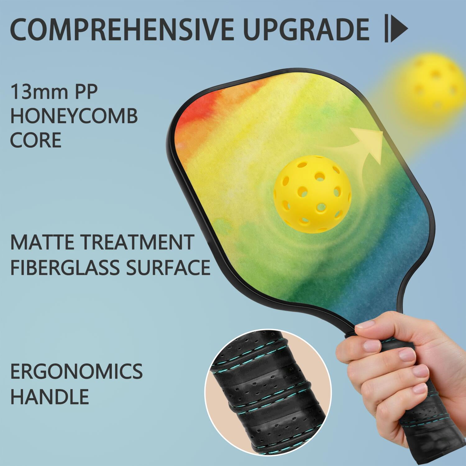 Pickleball Paddles Set Of 1, Fiberglass Surface, Vibrant Rainbow Print, 1 Paddle, 2 Balls & Bag