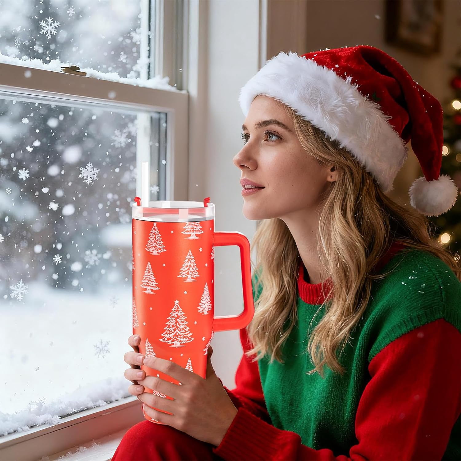 Chritsmas Tumbler, Christams Gifts for Women 40 oz Tumbler with Handle and Straw Stainless Steel Insulated Cup Travel Mug Water Bottle
