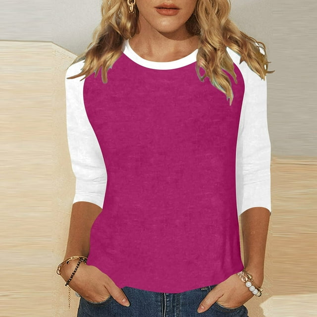 Trendy Women's T Shirts Casual Tops For Everyday Wear Stylish Color Block Design For Spring And Fall Versatile Round Neck 3/4 Sleeve Blouses Womens Casual Work Tops Compression Shirts Women Long