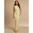 thumbnail image 4 of Light Yellow 3D Floral Embroidered Sleeveless High Neck Bodycon Maxi Dress, 4 of 6