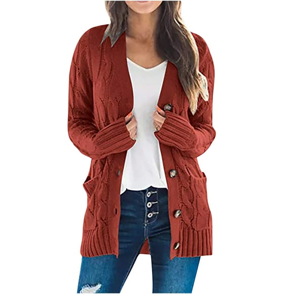 Simua Cardigans Ouverts pour Femmes, Mode, à Boutons, en Tricot Torsadé, Manteaux Épais d'Extérieur avec Poches