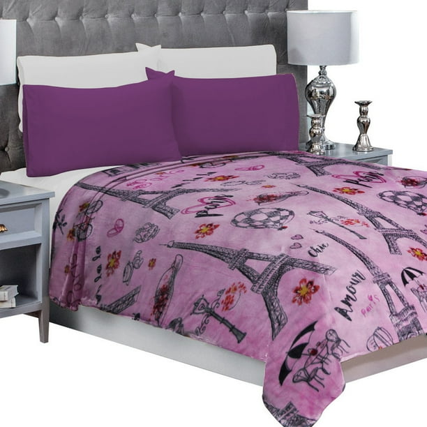 Frazada Matrimonial Ligera estampada MELOCOTTON HOGAR Flannel Extra Suave MOD PARIS ROSA