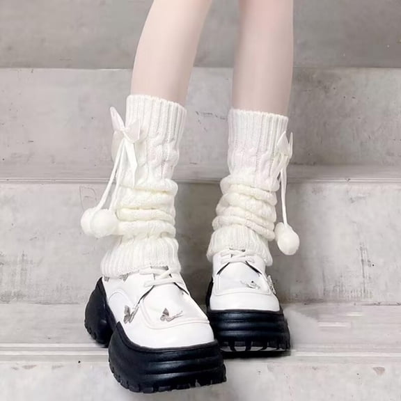 Women Knitted Leg Warmers Autumn Winter Warm Long calf Leg Sleeves with Bow and Fur Ball Cute Knee High Socks Boot Cuffs for Girls