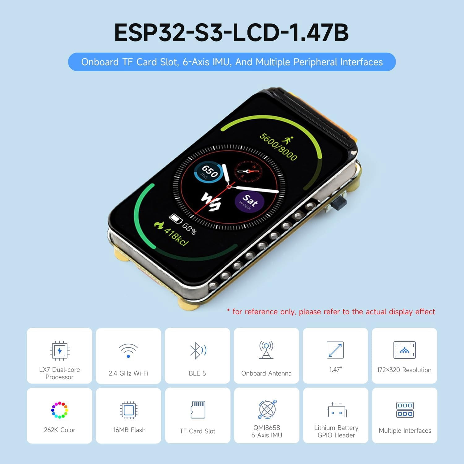 ESP32-S3 1.47inch LCD Display Development Board, 172×320 Resolution, 262K Display Color, 2.4GHz Wi-Fi/BLE 5, 240MHz LX7 Dual-core Processor, ESP32 with Display, with Pre-soldered Header