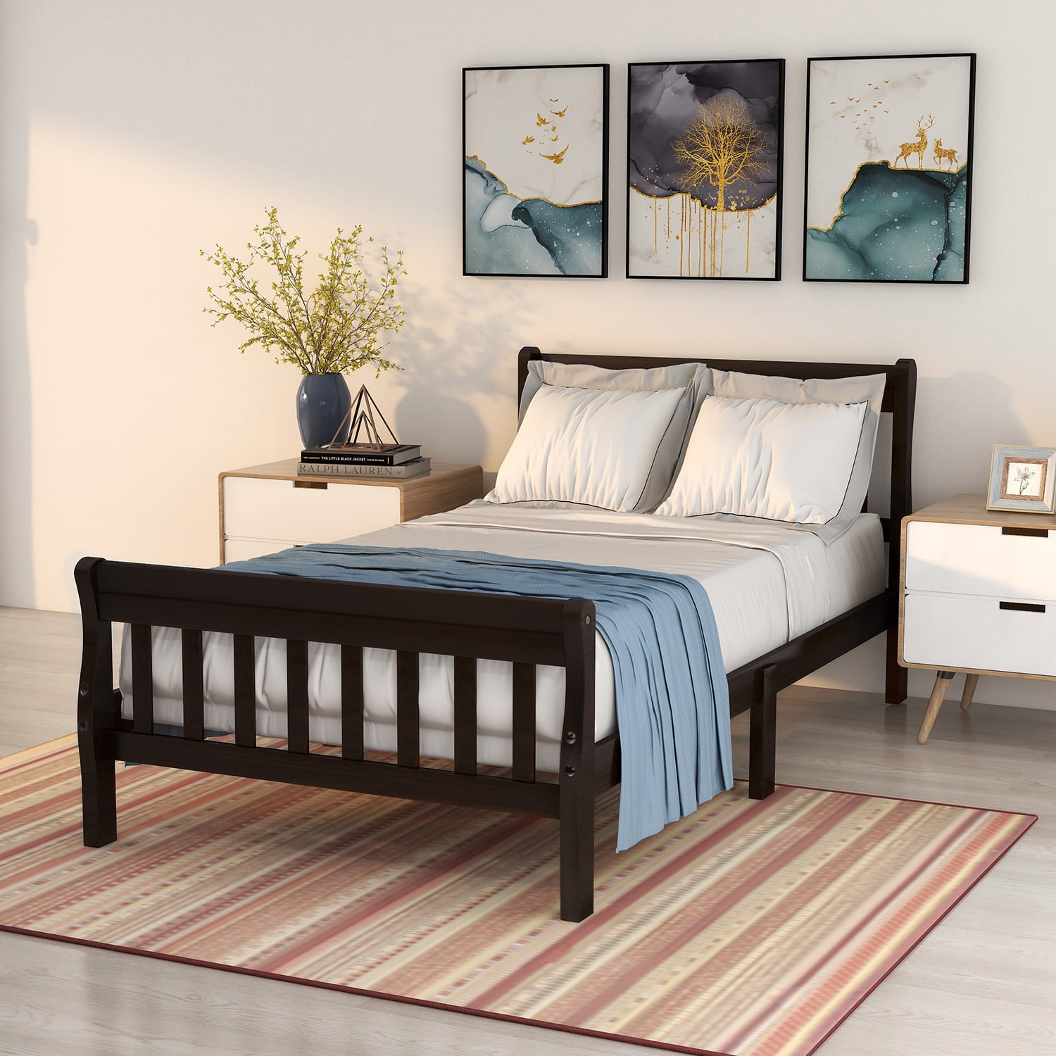 Details about   Platform Bed With Headboard Wooden Slat Bed Frame For Home Full/Queen/Twin Size 