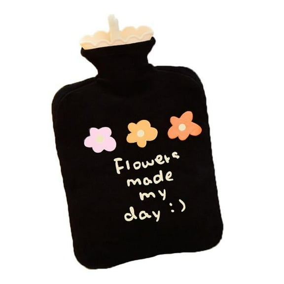 Panda Superstore 1 Liter Hot Water Bottle with Lovely Flower Plush Cover for Hot & Cold Therapy Pain Relief, Black