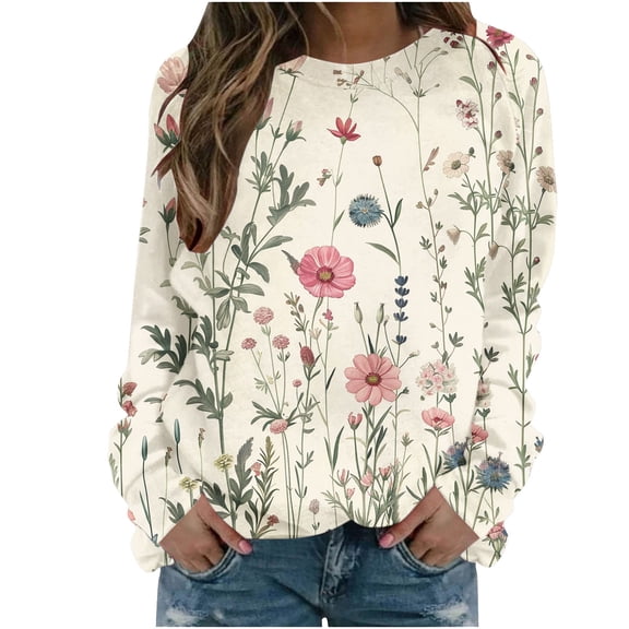 Kezqiaxn Sweatshirts for Women Casual Floral Printed Long Sleeve Fall Pullover Tops Womens Crewneck Sweatshirt Fashion Clothing
