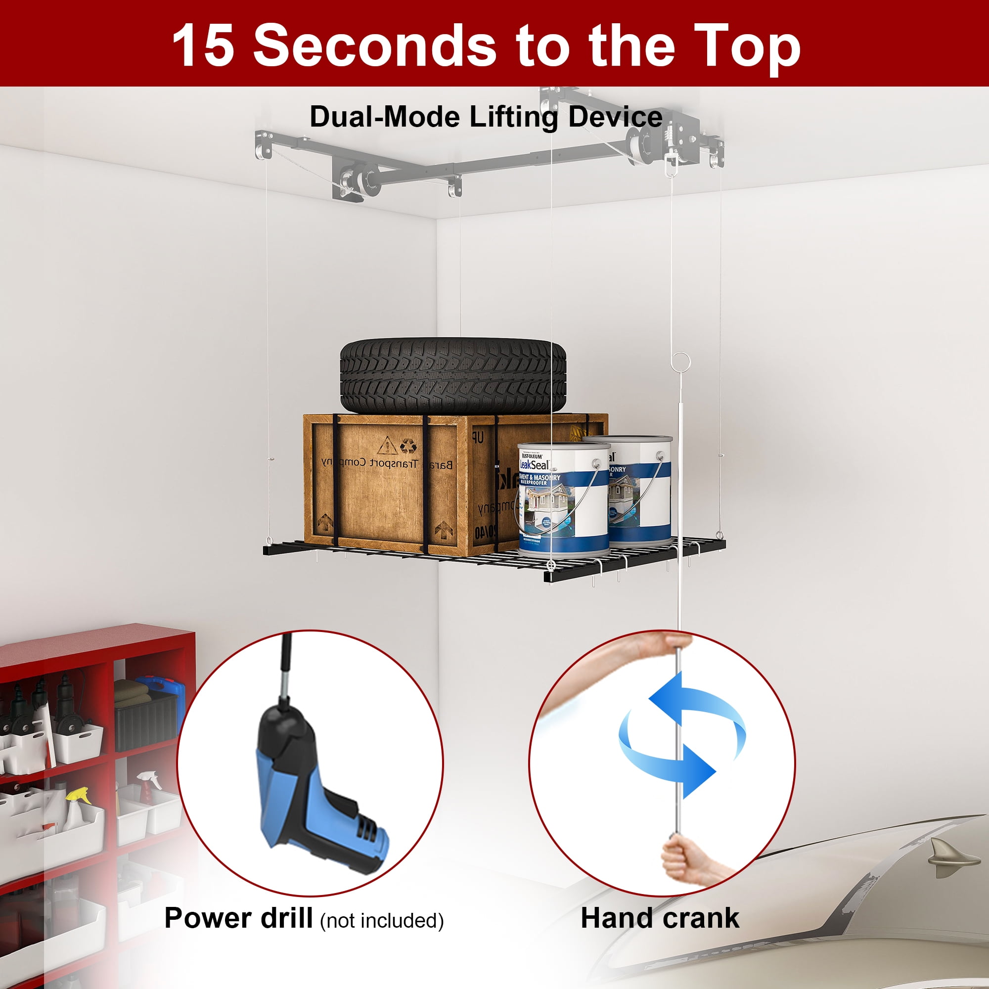 Aukfa 4x4 ft Ceiling Mounted Garage Storage Rack with Crank-Down System, 250 lbs Heavy Duty Overhead Storage Lift for Tires & Tools, Black