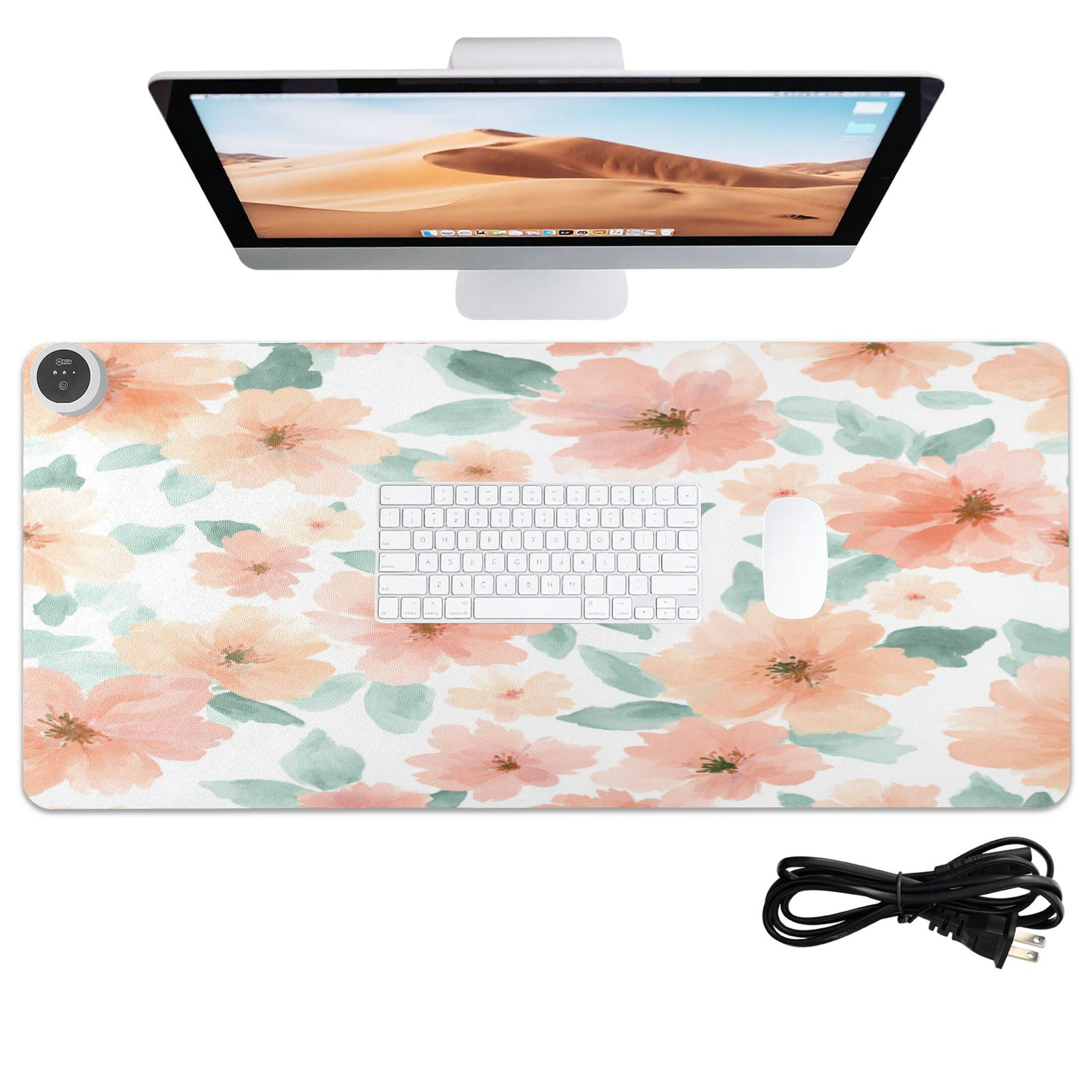 Large Heated Desk Mat Mouse Pad 31.5"x13"PU Leather Graphene Heating Desk Warmer with 3 Temperature Settings 110V US Plug Non-Slip Warm Pad for Home, Office, and Gaming Sage Green Floral Print