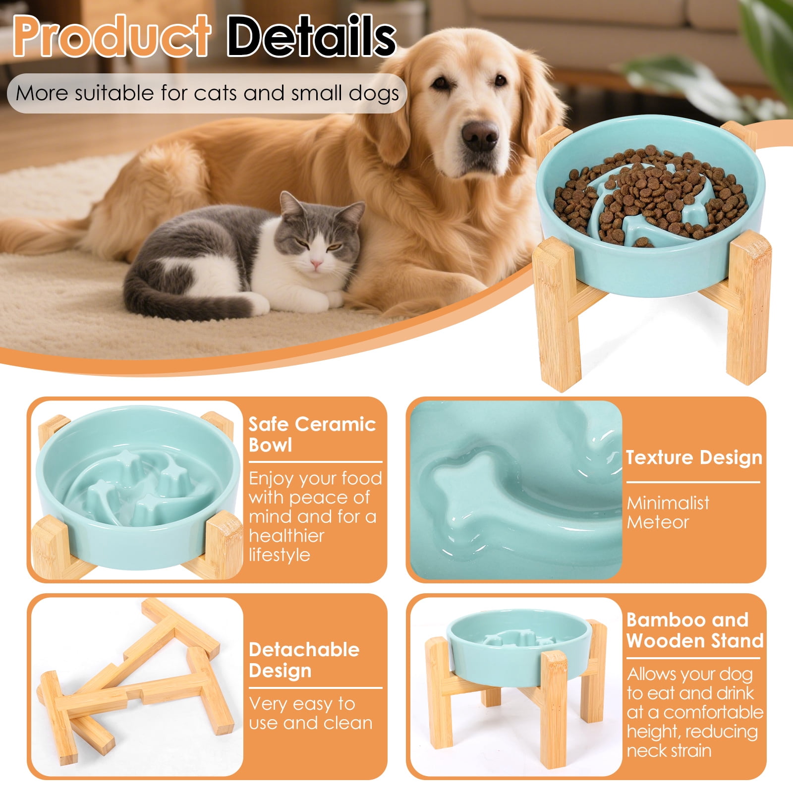 Threns Ceramic Slow Feeder Bowl, Slow Feeding Food Dish with Bamboo Stand for Dogs Cats, Anti-Gulping, Stop Bloat, Preventing Choking
