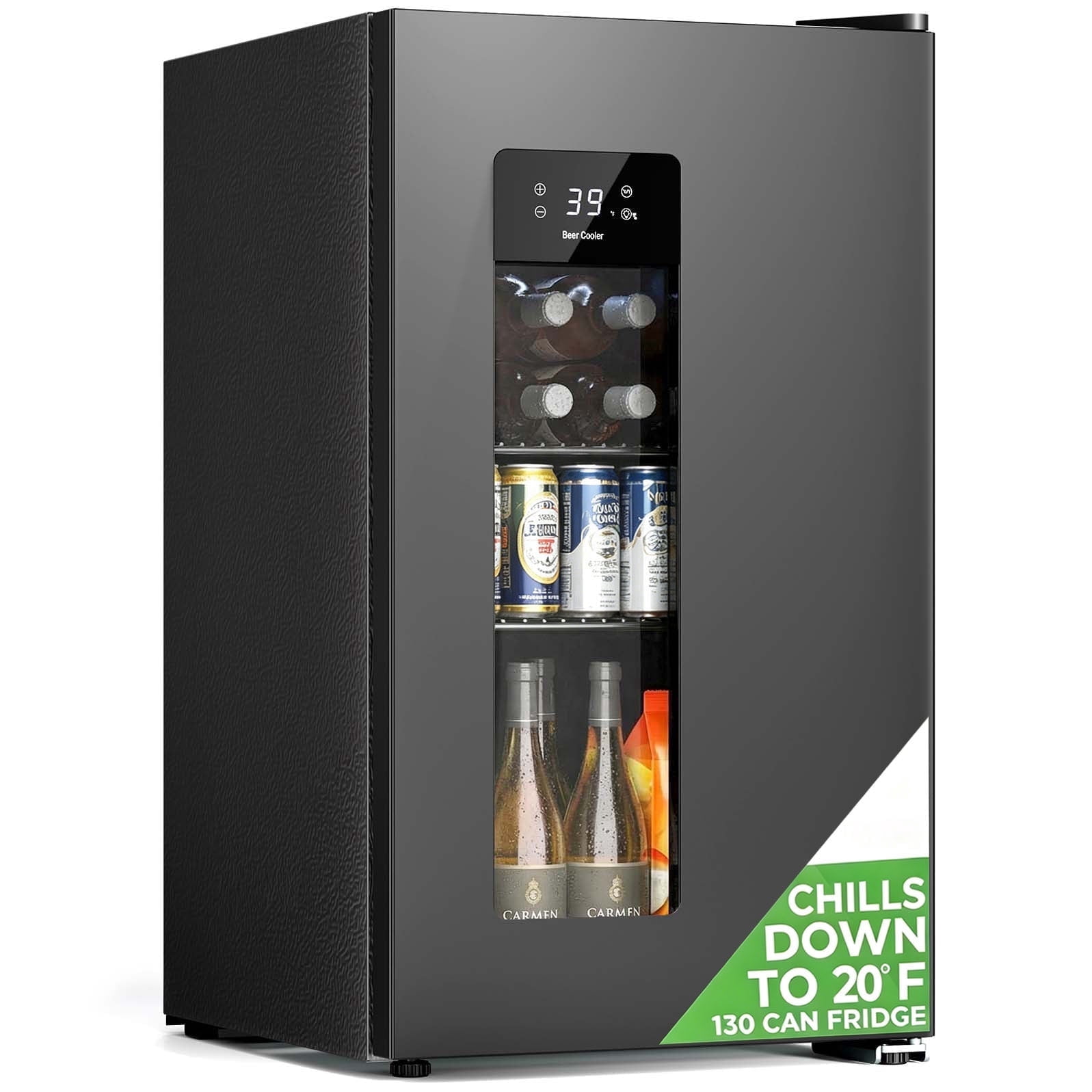 Auseo 130 Can Beverage Refrigerator,Compact Mini Fridge with Glass Door, 21-50°F Temp Control,Beer Cooler for Bedroom/Dorm/Office, Black