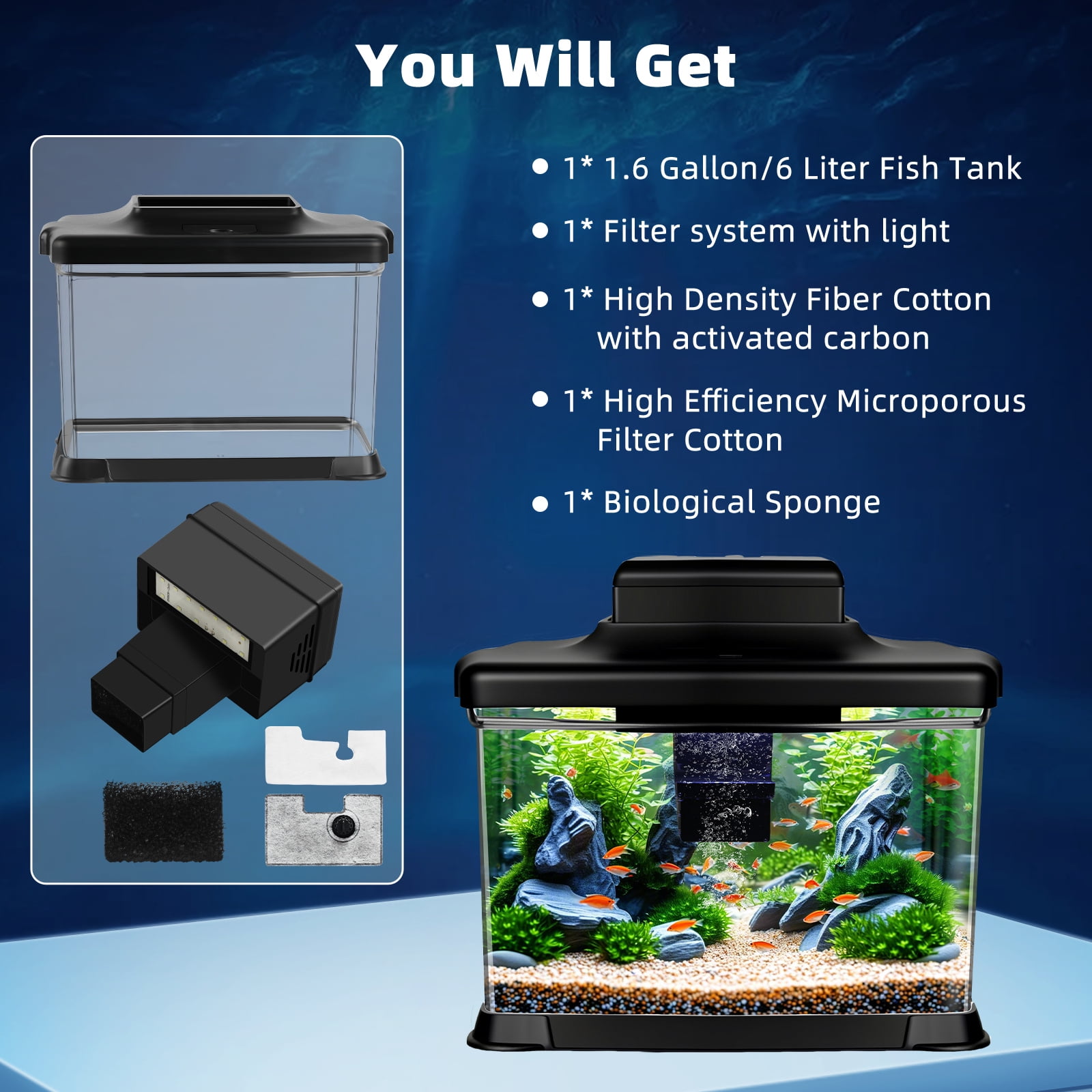DaToo Small Fish Tank Ultra-Clear 1.6 Gallon Aquarium Starter Kits with LED Lighting and Filter System Beginner-Friendly Mini Betta Aquarium for Small Fish Shrimp Desktop Room Decoration