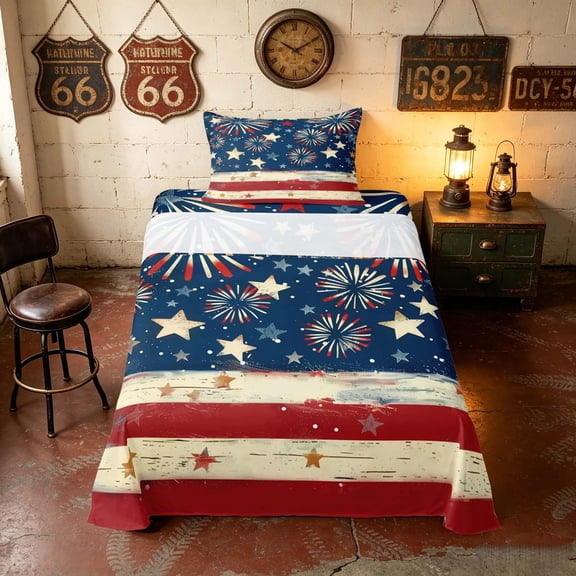 Manfei Vintage Firework Twin Sheets, Patriotic Star Stripes Bedding, Red White Blue, Navy Reversible 3 Pieces (1 Flat Sheet, 1 Fitted Sheet and 1 Pillowcase)