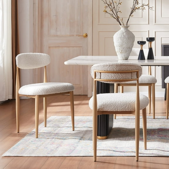 Morden Fort White Boucle Dining Chairs Set of 2, Armless Dining Chairs with Wood Grain Metal Legs for Kitchen, Living Room, Apartment