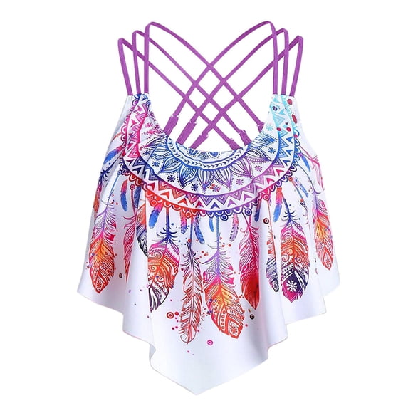 YOUSNH Women Overlay Flounce Crisscross Tankini Feather Print Strappy Padded Swim Top Swimsuits for Women Purple XXL