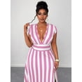 thumbnail image 6 of Plus Size Womens Pink And White Striped Deep V-Neck Cap Sleeve Maxi Dress With Waist Tie, 6 of 7