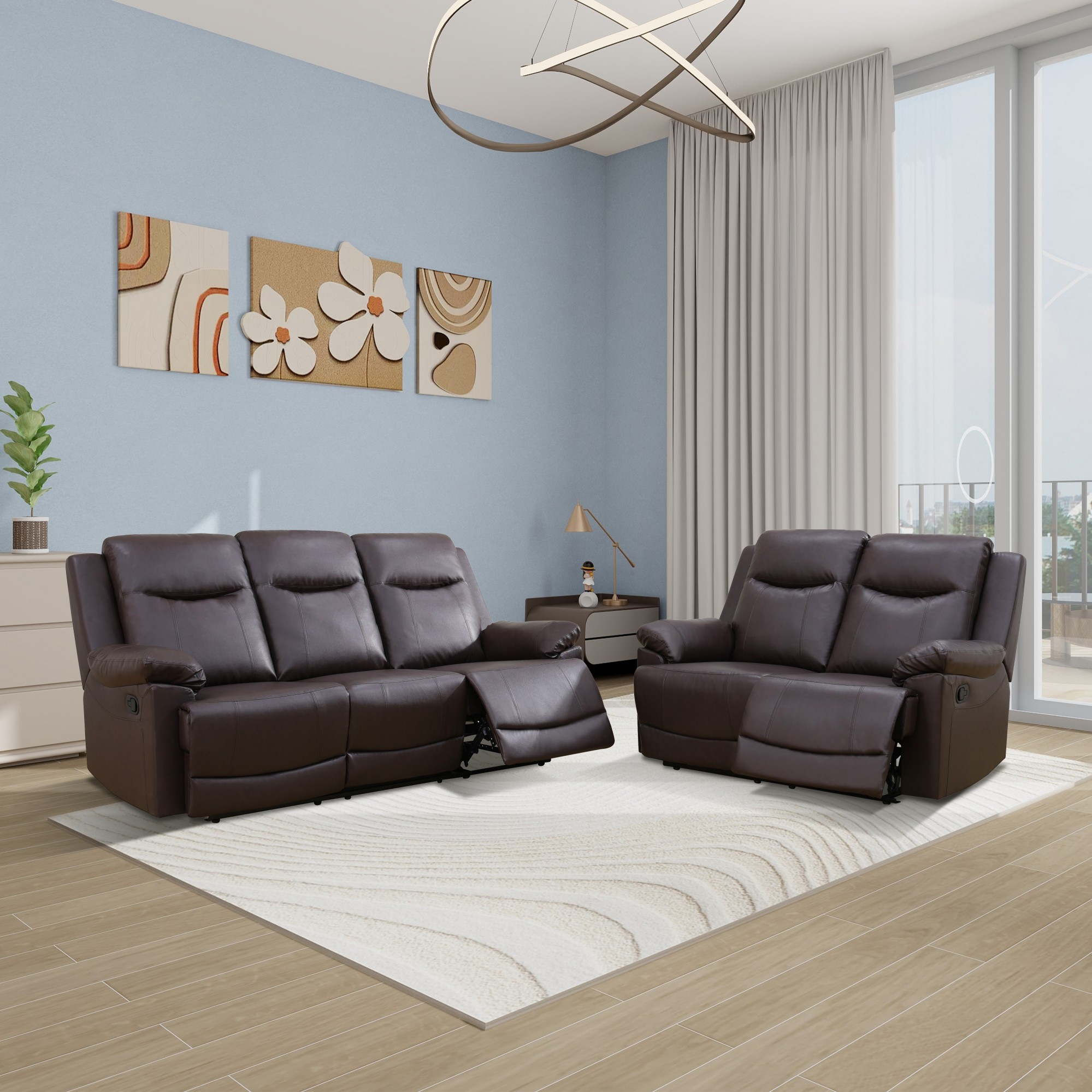 Gewnee Brown 2-Piece Multi-Functional Smart Sofa, Solid Wood Frame with Double-Layer Springs & Air Leather, Ergonomic Reclining for Living Room & Bedroom
