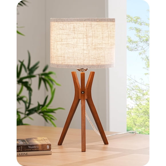 Lámpara EDISHINE 44.5 cm Trípode Base de Madera Pantalla de Lino Beige 110V
