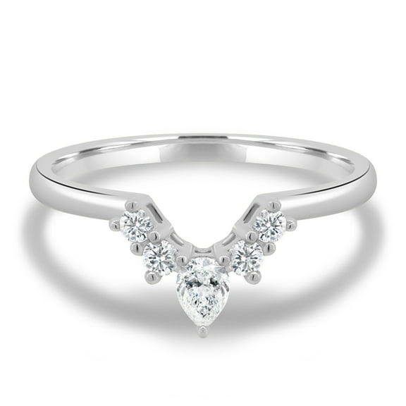 ESTE ORIGIN Curved Lab-Grown Wedding Ring – 0.37Ct Pear & Round Accent Stones, Stackable Band in 18K White Gold for Women