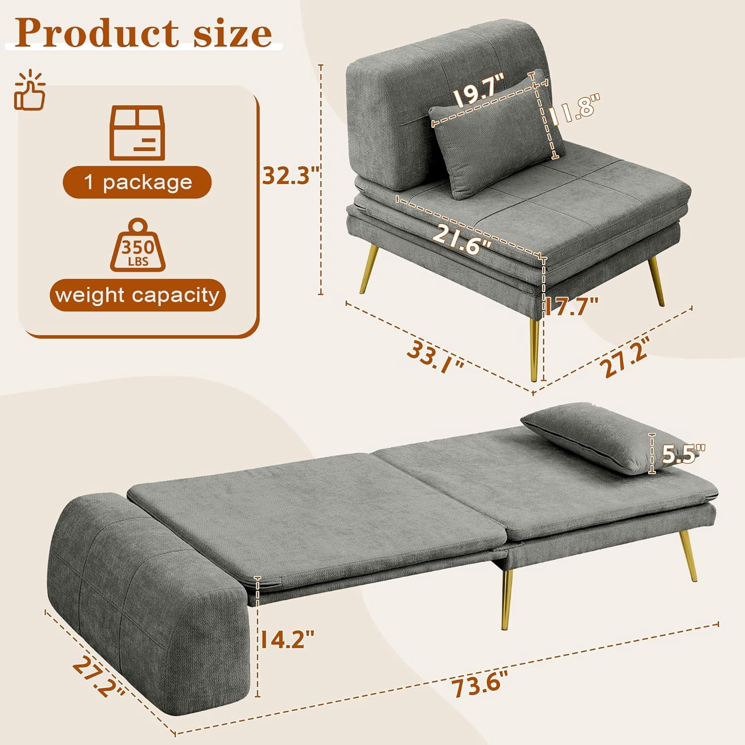 Akaber 3-in-1 Futon Sofa Bed, Chenille Sleeper Chair with Back Support & Pillow, Wood Frame, Metal Legs