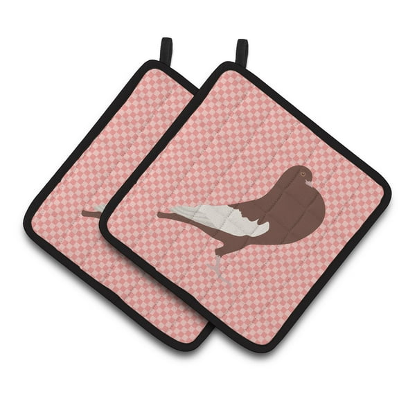 Caroline's Treasures English Pouter Pigeon Pink Check Pair of Pot Holders