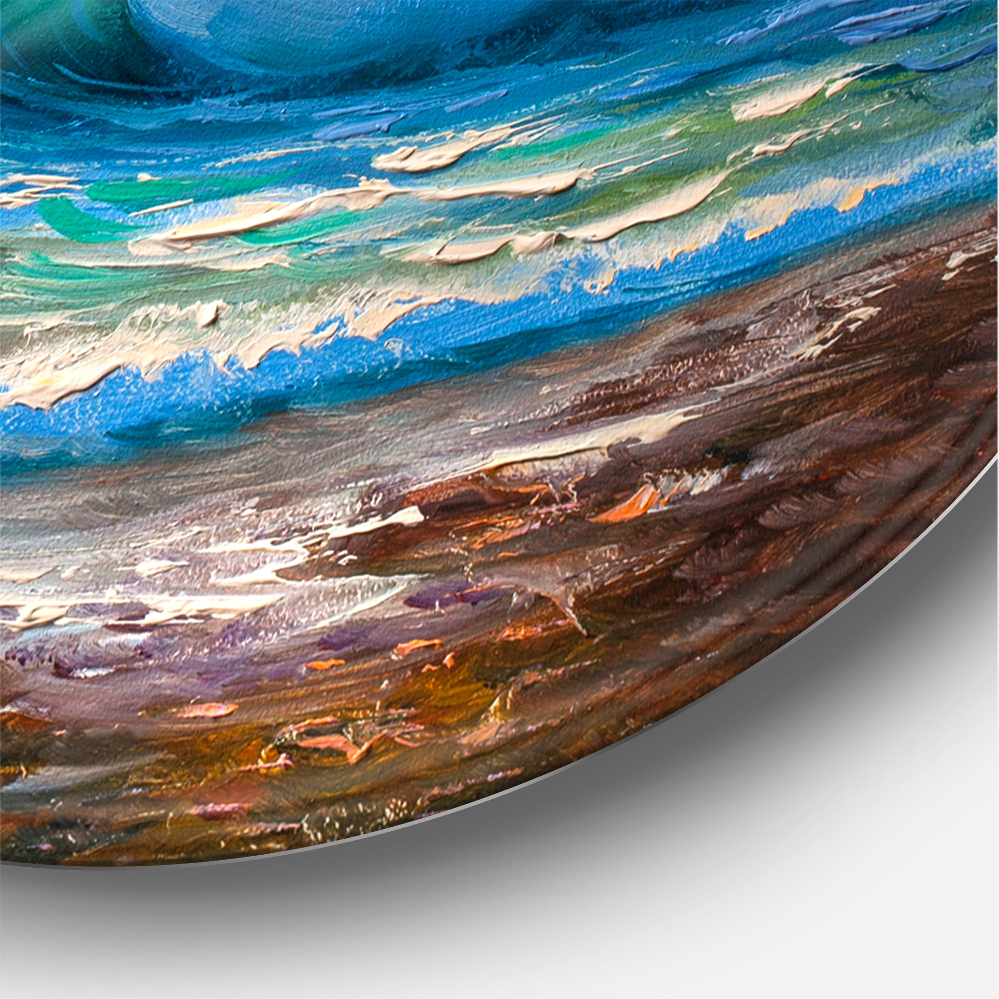 Designart 'Blue Waves Breaking At The Beach Landscape IV' Nautical & Coastal Circle Metal Wall Art 36x36 - Disc of 36