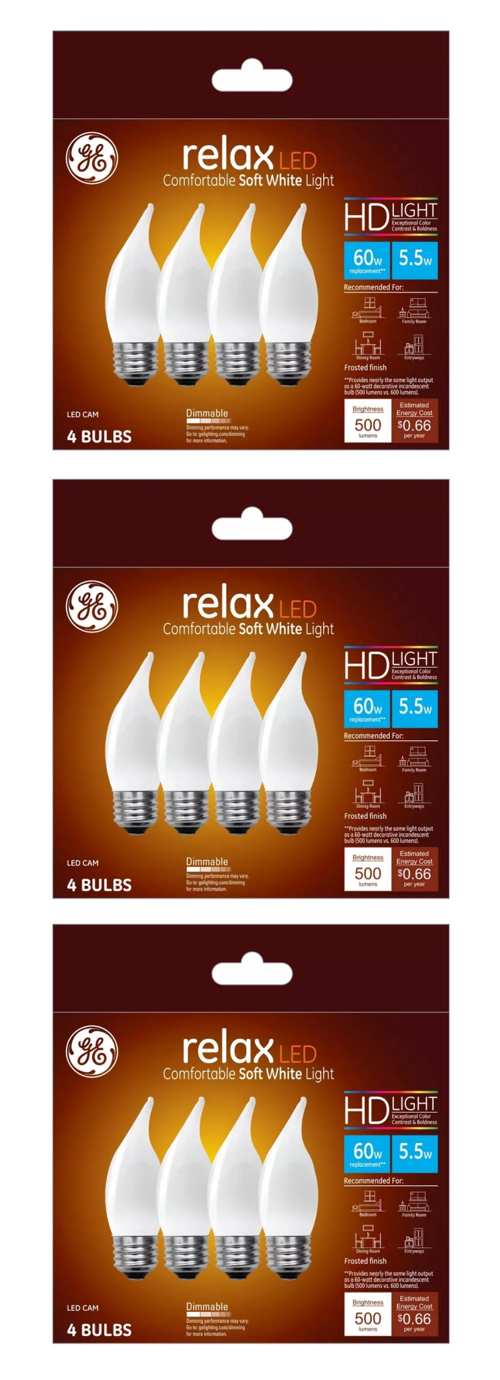 (12 bulbs) GE 48265 relax LED Decorative Chandelier light bulb, 60 watt equivalent, bent tip, HD Light, frosted, dimmable LED Light bulb