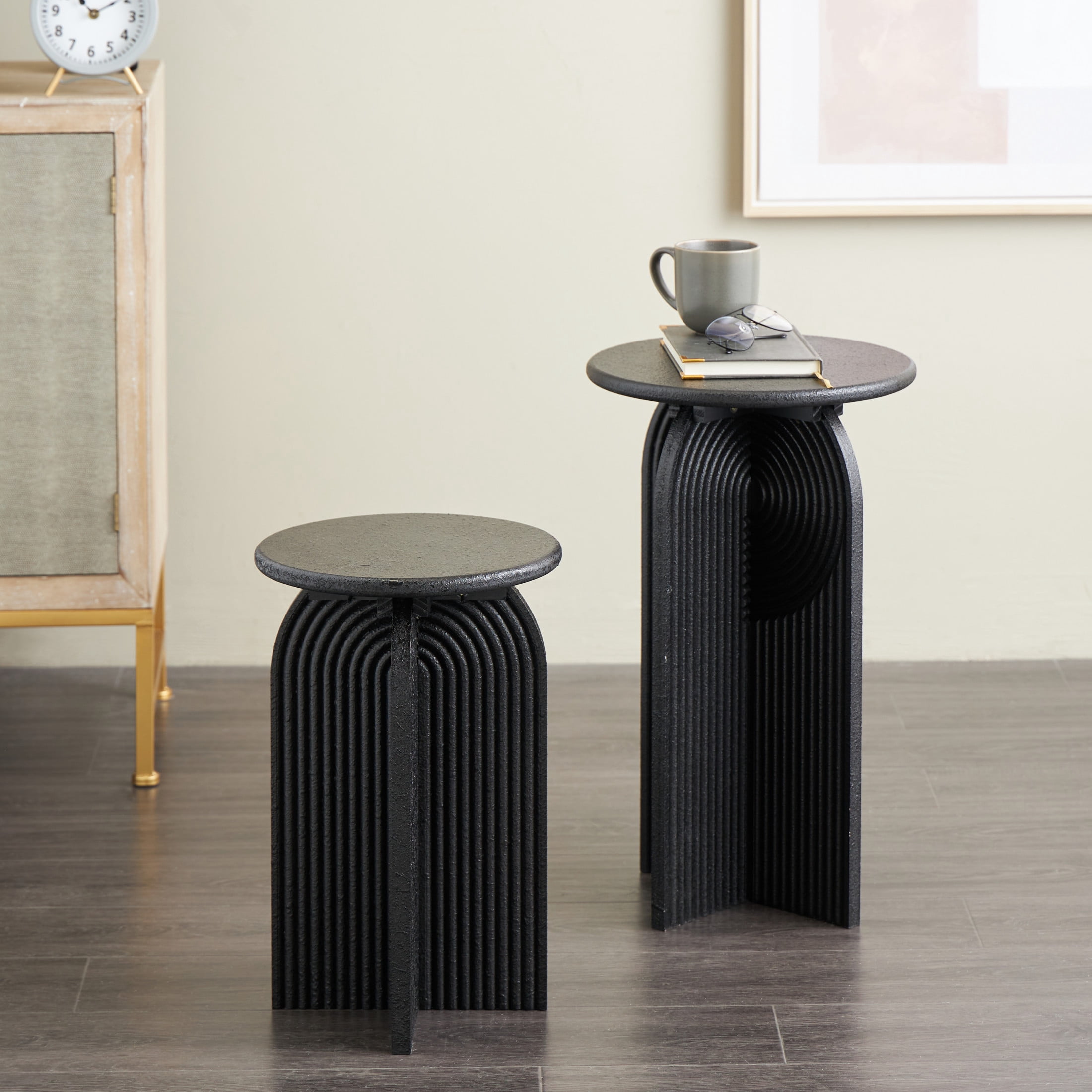 DecMode 11" x 18" Black Wood Sandstone Carved Art Deco Arched Pedestal Geometric Accent Table, 2-Pieces