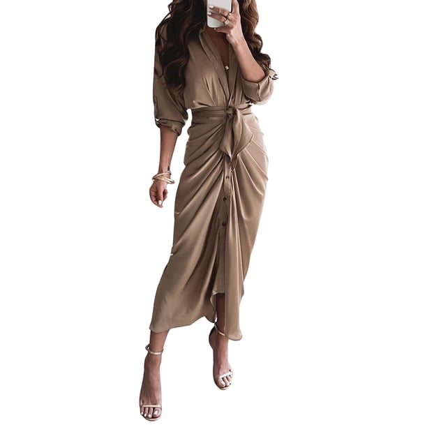 Txlixc Vestido de manga larga femenino, cinturón ajustable, botón de cuello en V estilo sexy ropa de verano Txlixc moda