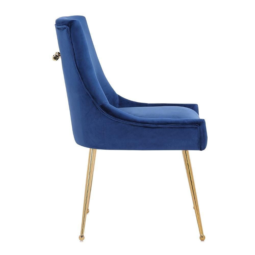 Haya Velvet Dining Chair in Blue with Metal Gold Legs, Side Dining Chair, Armless Chair Set 2