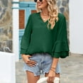 thumbnail image 3 of Camisa informal de verano para oficina y viajes, verde oscuro, talla M, blusa con cuello en V y mangas con volantes, 3 of 6