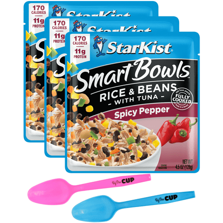 Starkist Smart Bowls, Spicy Pepper Rice & Beans Fully Cooked Tuna, 4.5 oz (Pack of 3) with By The Cup Mood Spoons