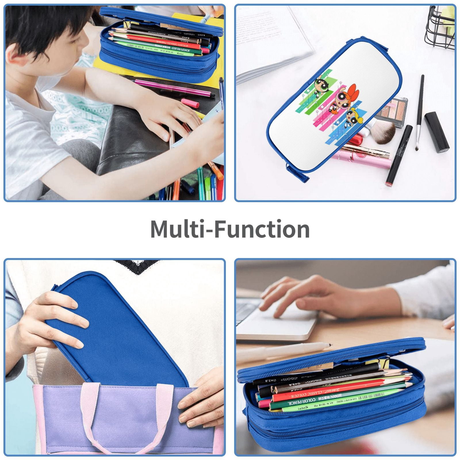 The Powerpuff Gi-rls Pencil Case Large Capacity Pencil Pouch Penbag Office Stationery Organizer Travel Makeup Bag Blue