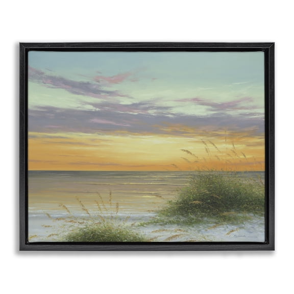 Stupell Industries Traditional Coastal Reeds Sunset Beach Shore Black Floating Frame Canvas Art, 31 x 25, by Martin Figlinski