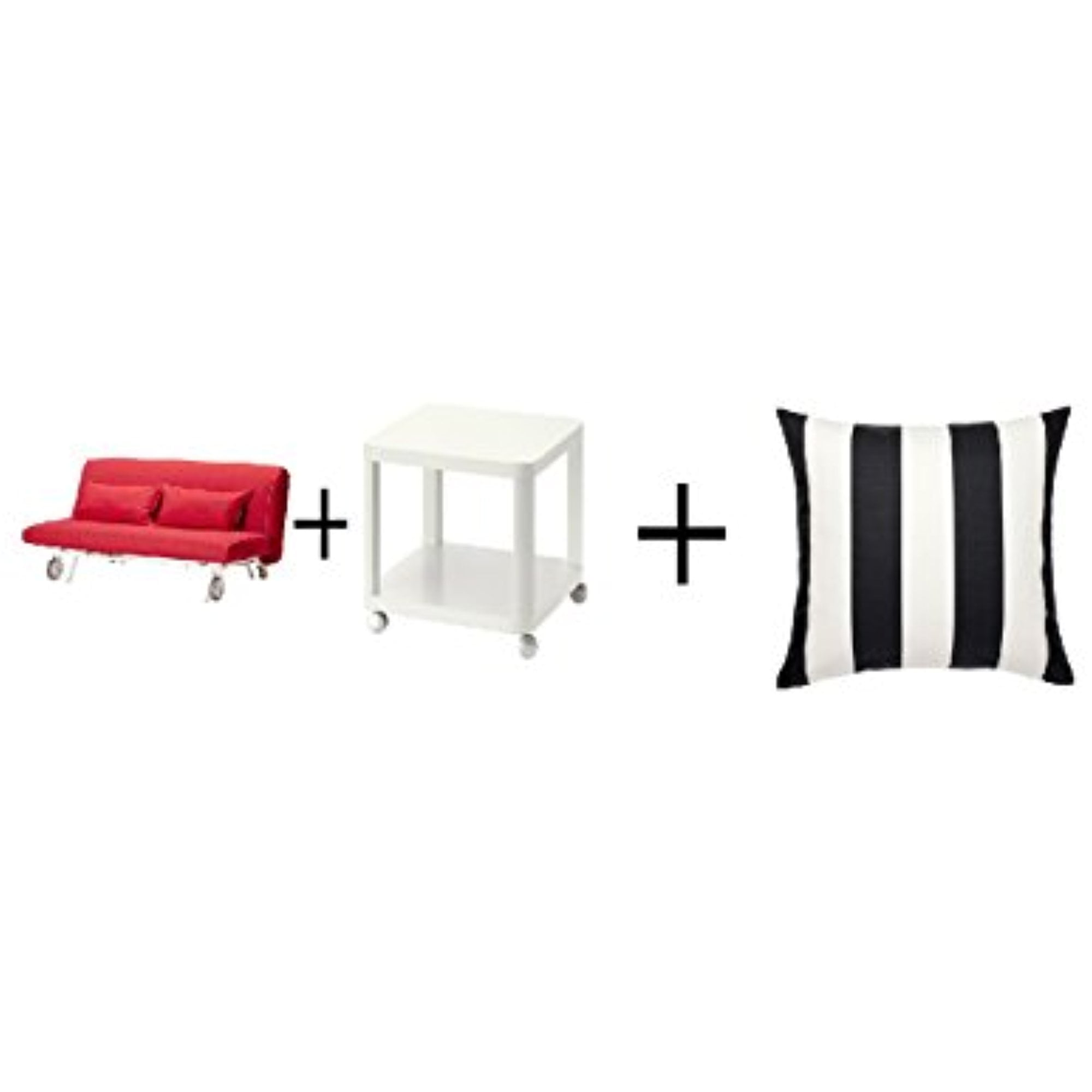 Ikea Sleeper sofa, Vansta red ,Side table on casters, white 19 5/8x19 5/8 ", Cushion cover