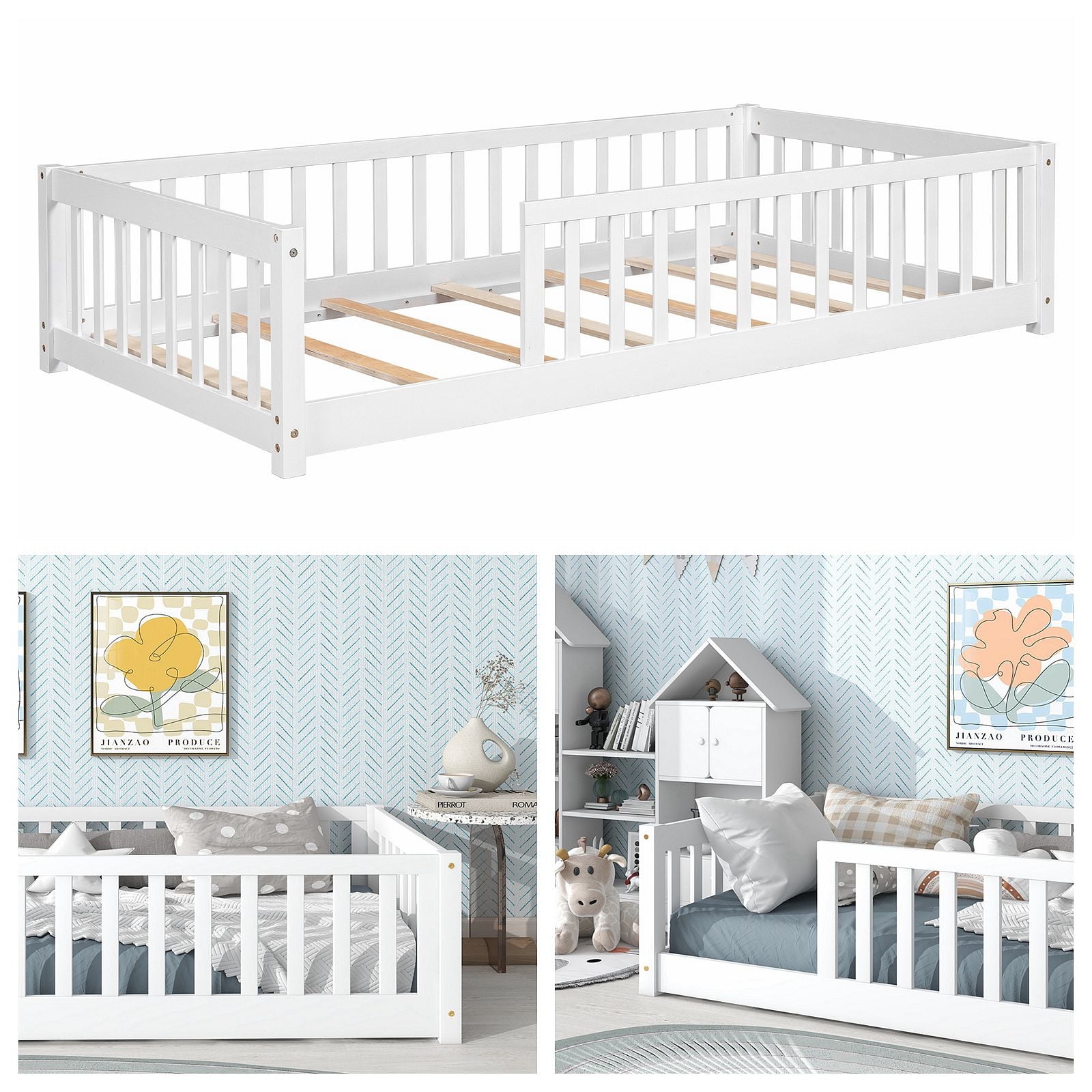 Twin Floor Bed with Fence for Kids, Solid Pine Wood Montessori Bed Frame with Guardrails and Slats System, Playhouse Design Platform Bed for Children Bedroom, Without Door, Easy Assemble,White