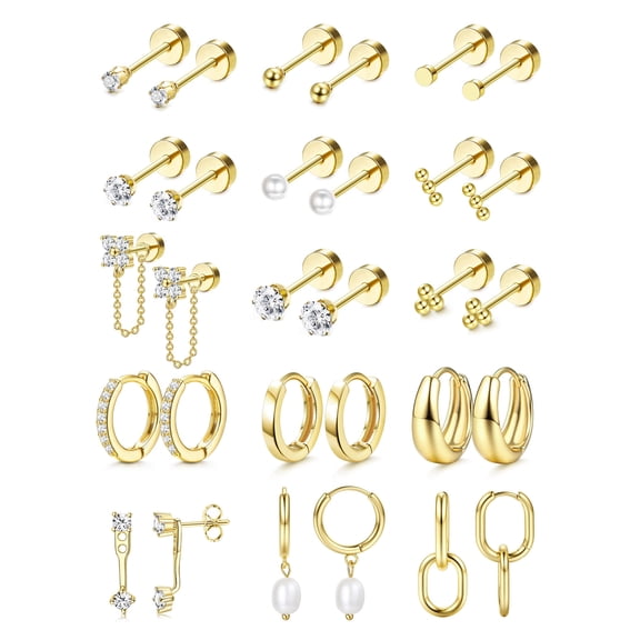 Flat Back Earrings for Women Hypoallergenic Surgical Steel Earrings for Sensitive Ears-20G Cartilage Earring Stacks 14K Gold Plated Hoops Flatback Stud Earring Sets for Multiple Piercing