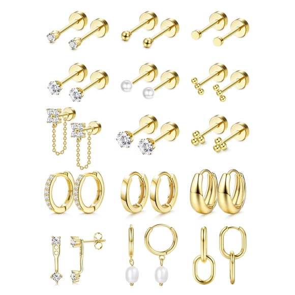 LOLIAS Set de 15 pares de aretes planos con baño de oro de 14K
