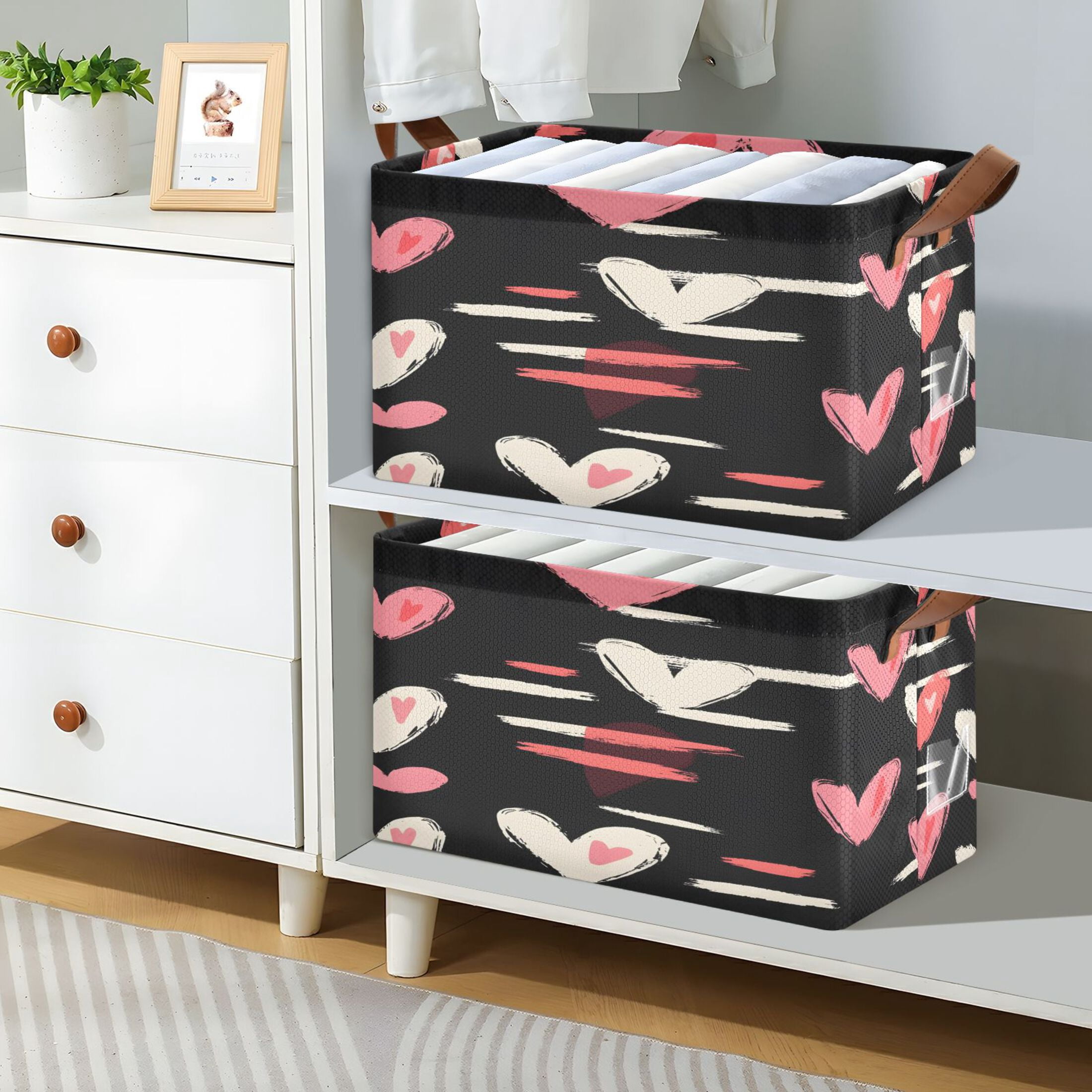 Ryvnso Heart on Black Storage Bins Large Basket Foldable Cube Toys Organizer with Handles 2 PCs