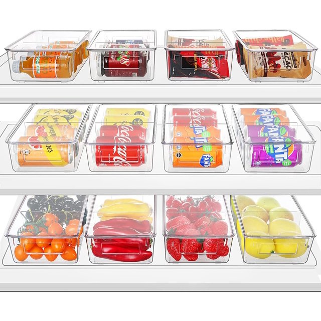 Refrigerator Organizer Bins with Lids Divider, 12 PACK Clear Fridge Bins with Handles For Fridge