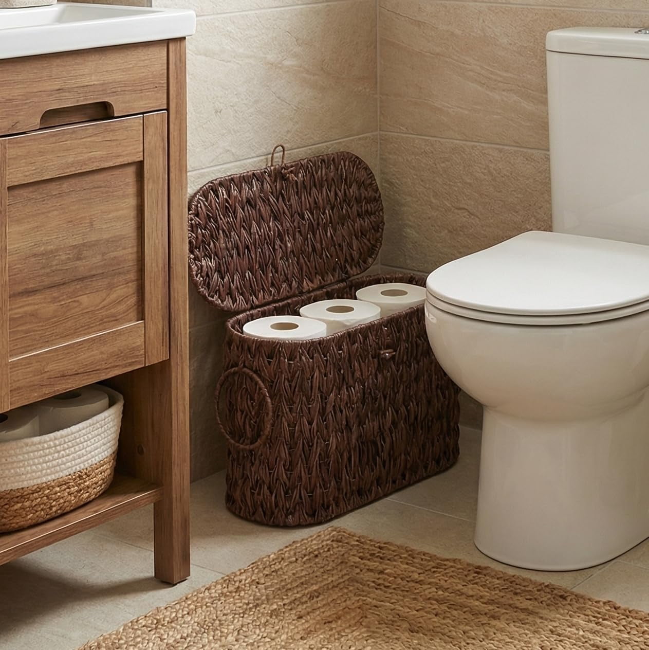 Toilet Paper Basket With Lid  Water Hyacinth Wicker For Bathroom Organizers And Storage Holds Up To 6 Mega Rolls Decorative Hand-woven Rattan Decor Accessories Brown