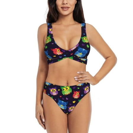Zeuib Owls And Hearts High Waisted Tummy Control Bikini Set - Knot Front Push Up Top & Cheeky Thong Bottom  Two-Piece Swimsuit for Women-XX-Large
