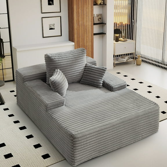 Lnsenfin 68.5" Chaise Lounge Chair Indoor,Oversized Corduroy Upholstered Boneless Sofa Bed with Throw Pillows for Living Room,Grey