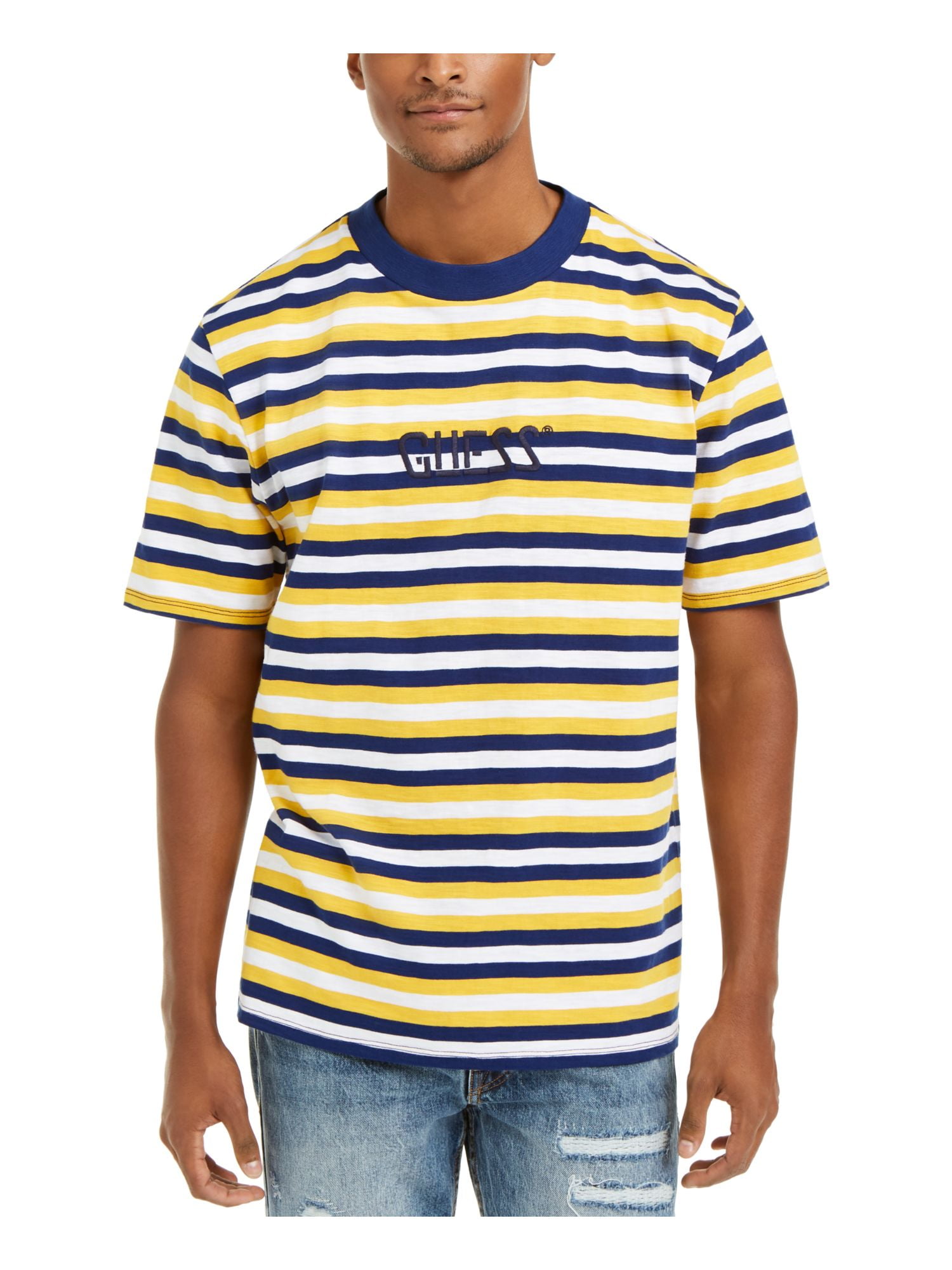 GUESS Mens Yellow Striped Short Sleeve 