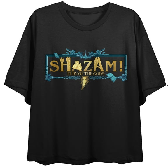 Shazam 2: Fury Of The Gods Modern Mythology Logo Crew Neck Short Sleeve Women's Black Crop T-shirt-Small