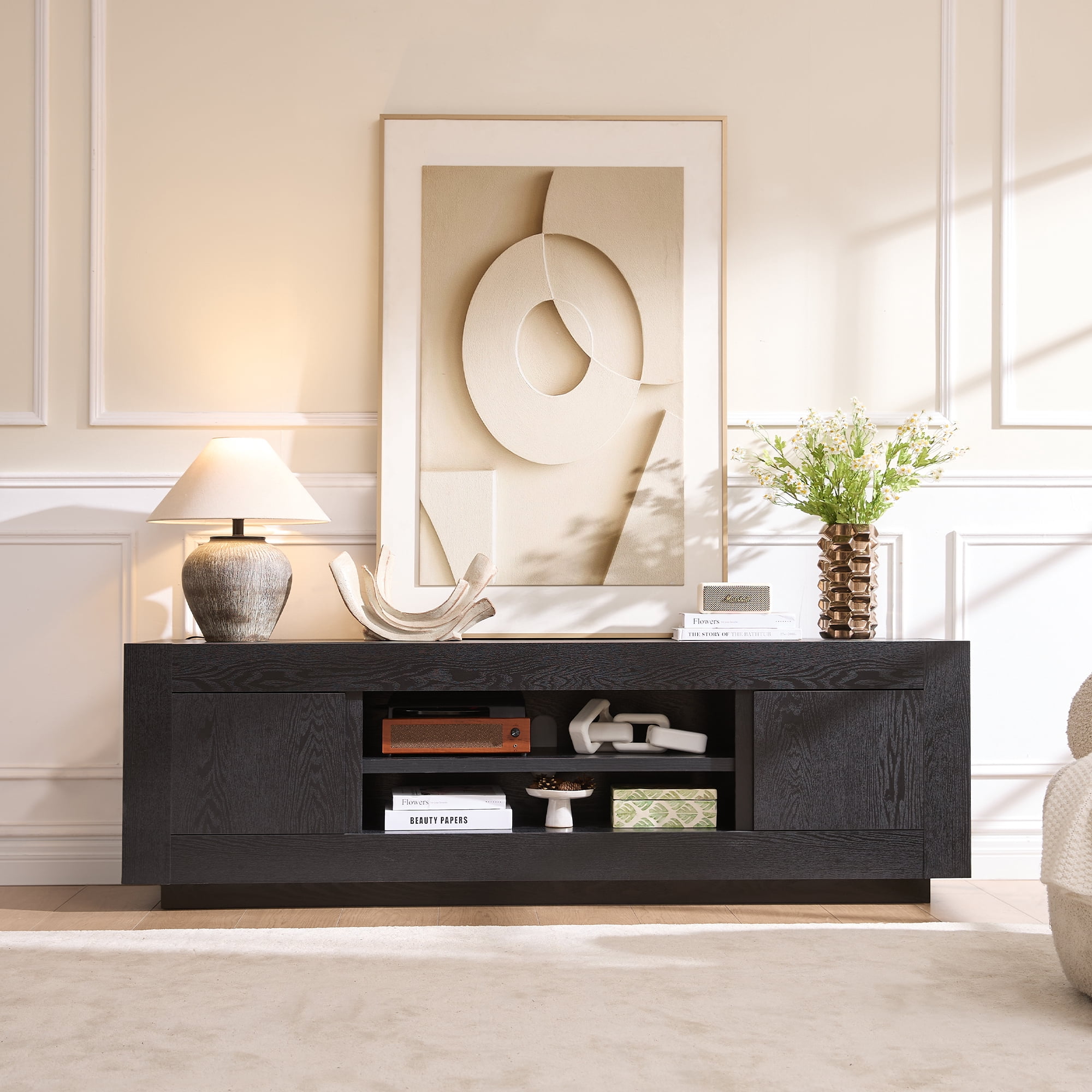 KeyWhat 70" Modern Low Profile TV Stand for TVs up to 80", Open Storage & Adjustable Shelves