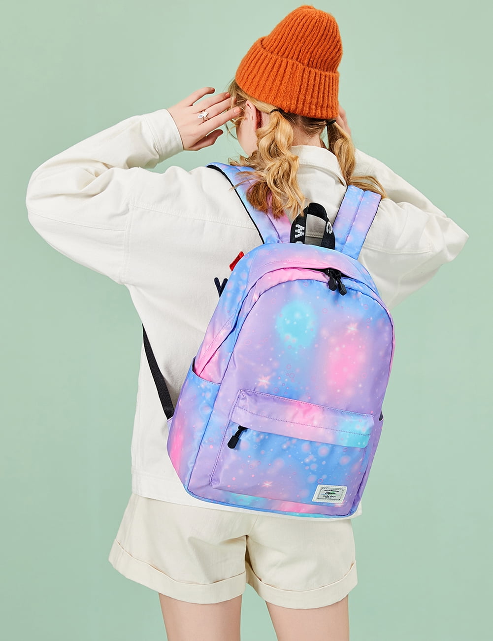 Mygreen Galaxy Backpack for Girls, Boys, Kids, Teens, 14 inch Durable Book Bags for Elementary, Middle, Junior High School Students, A Gift That Gives Back Green Purple